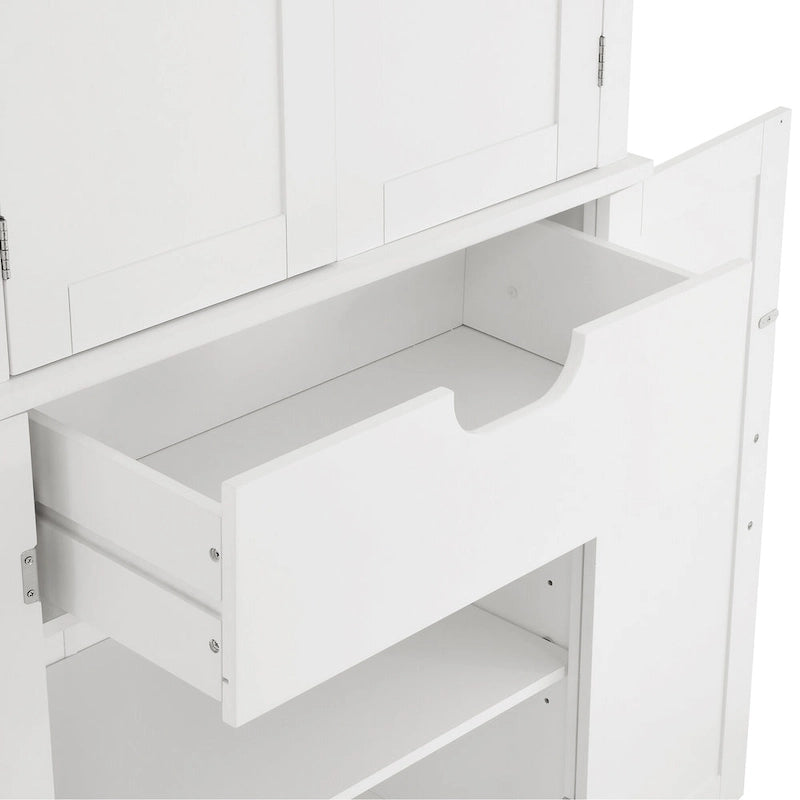 Meuble de salle de bain haut avec étagères fixes, étagère réglable et tiroir, finition bois / blanc