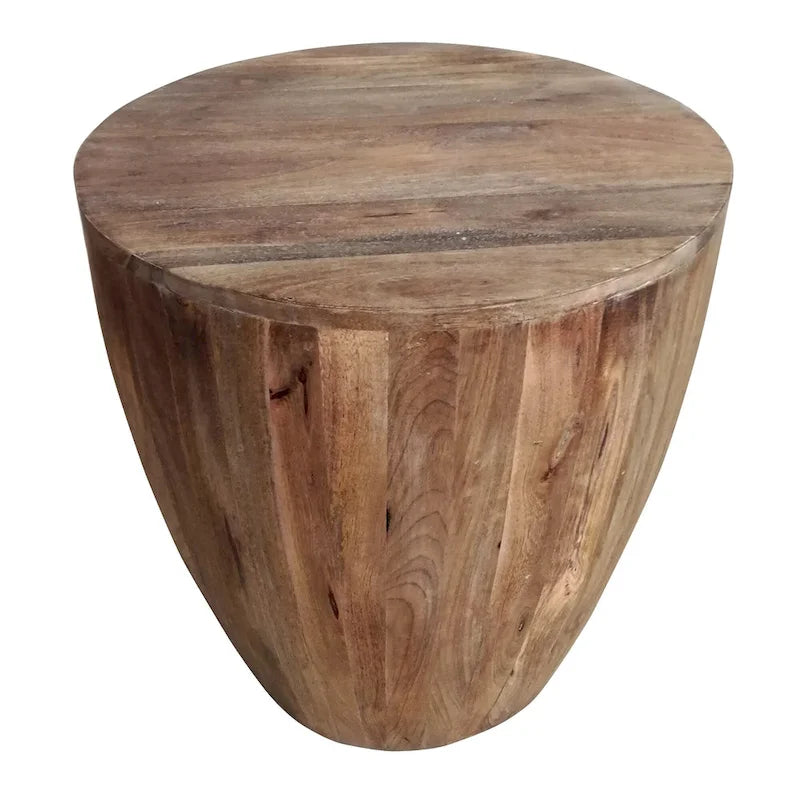 Table d'appoint ronde artisanale en bois de manguier avec base cylindrique, marron vieilli