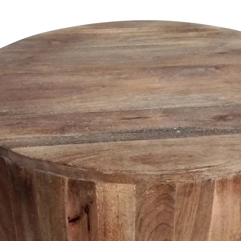 Table d'appoint ronde artisanale en bois de manguier avec base cylindrique, marron vieilli