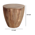 Table d'appoint ronde artisanale en bois de manguier avec base cylindrique, marron vieilli
