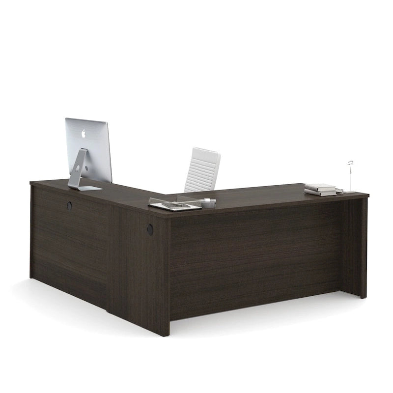 Bureau d'angle 180 cm avec tablette coulissante, 3 tiroirs et passe-câbles, Brun Toscane / Chocolat Noir / Noyer Gris
