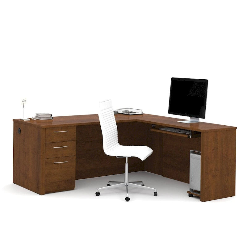 Bureau d'angle 180 cm avec tablette coulissante, 3 tiroirs et passe-câbles, Brun Toscane / Chocolat Noir / Noyer Gris