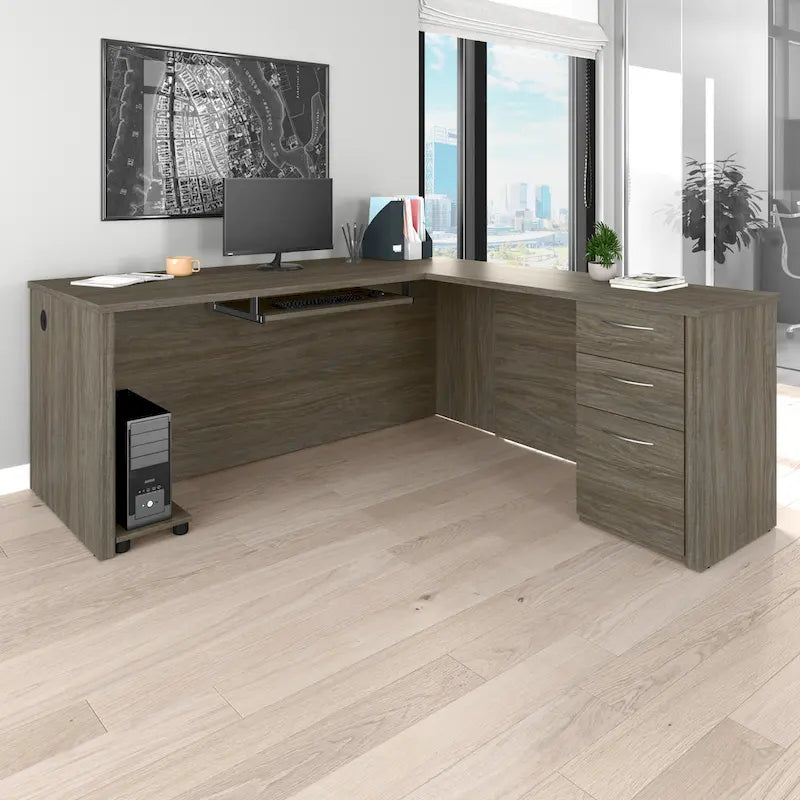 Bureau d'angle 180 cm avec tablette coulissante, 3 tiroirs et passe-câbles, Brun Toscane / Chocolat Noir / Noyer Gris