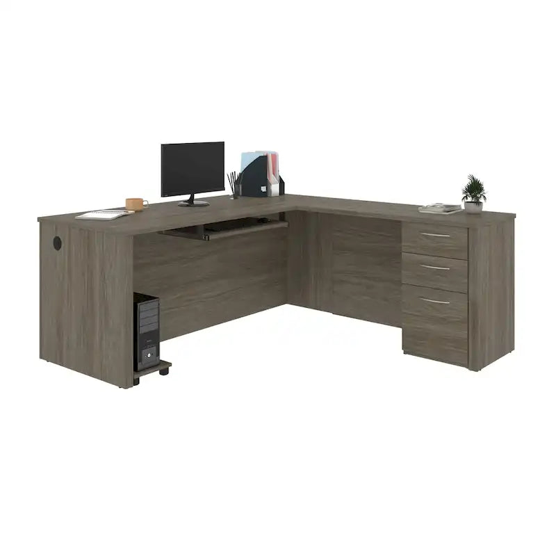 Bureau d'angle 180 cm avec tablette coulissante, 3 tiroirs et passe-câbles, Brun Toscane / Chocolat Noir / Noyer Gris