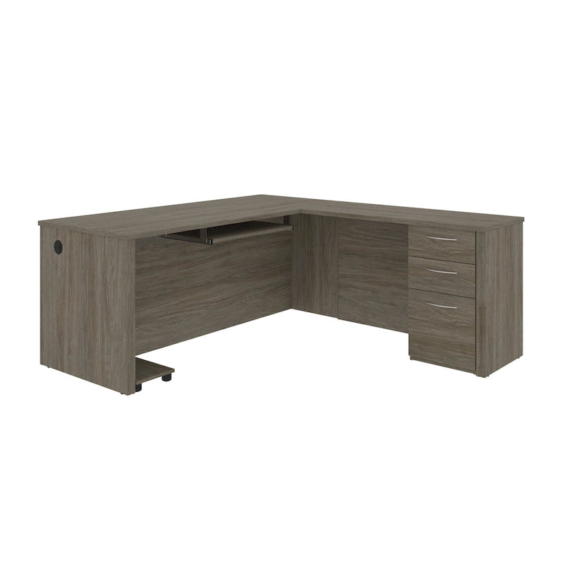 Bureau d'angle 180 cm avec tablette coulissante, 3 tiroirs et passe-câbles, Brun Toscane / Chocolat Noir / Noyer Gris