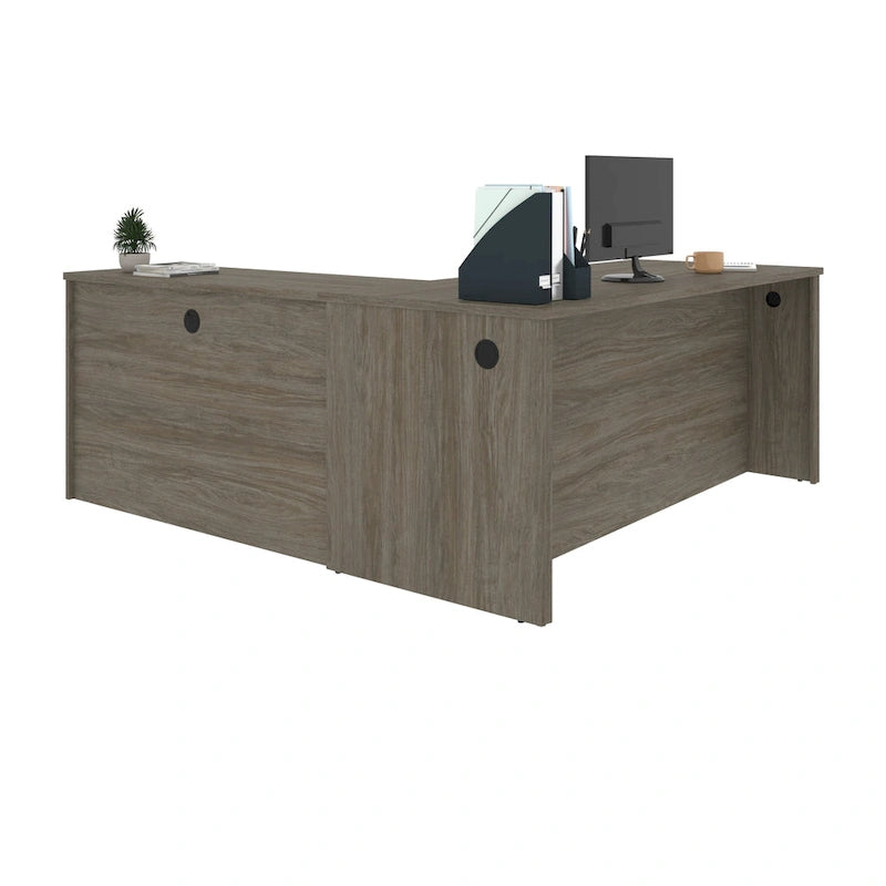 Bureau d'angle 180 cm avec tablette coulissante, 3 tiroirs et passe-câbles, Brun Toscane / Chocolat Noir / Noyer Gris