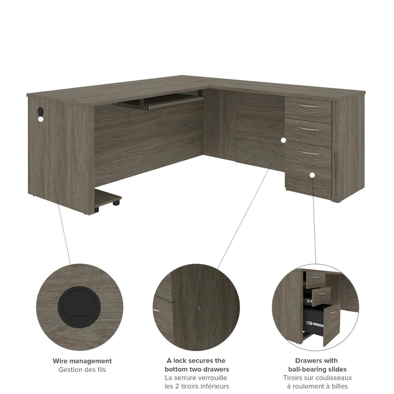 Bureau d'angle 180 cm avec tablette coulissante, 3 tiroirs et passe-câbles, Brun Toscane / Chocolat Noir / Noyer Gris