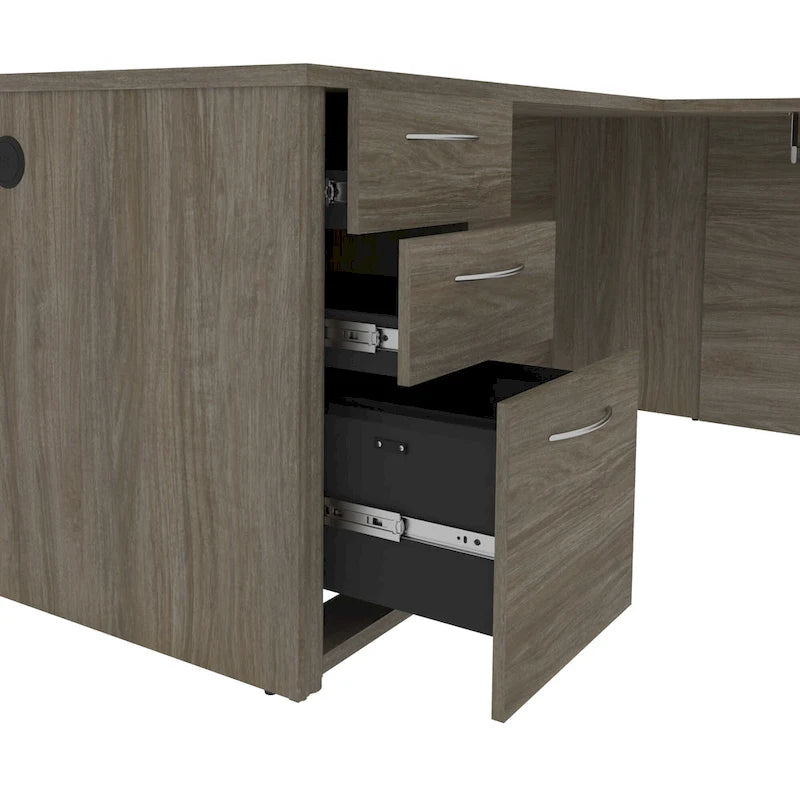 Bureau d'angle 180 cm avec tablette coulissante, 3 tiroirs et passe-câbles, Brun Toscane / Chocolat Noir / Noyer Gris