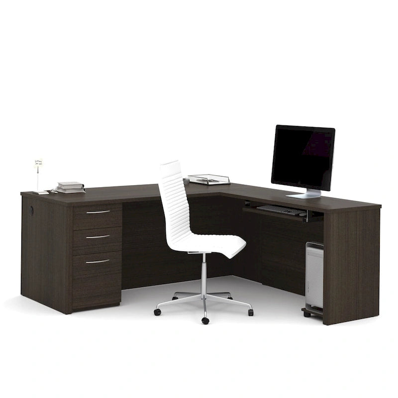 Bureau d'angle 180 cm avec tablette coulissante, 3 tiroirs et passe-câbles, Brun Toscane / Chocolat Noir / Noyer Gris