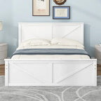 Lit plateforme en bois avec tête de lit et 4 tiroirs de rangement, blanc / gris, Queen / King