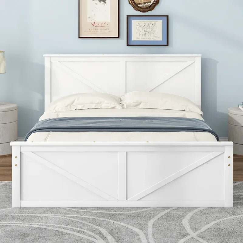 Lit plateforme en bois avec tête de lit et 4 tiroirs de rangement, blanc / gris, Queen / King