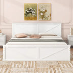 Lit plateforme en bois avec tête de lit et 4 tiroirs de rangement, blanc / gris, Queen / King