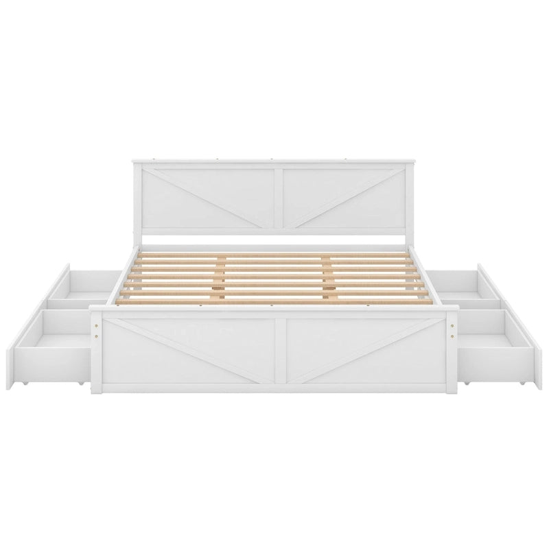 Lit plateforme en bois avec tête de lit et 4 tiroirs de rangement, blanc / gris, Queen / King