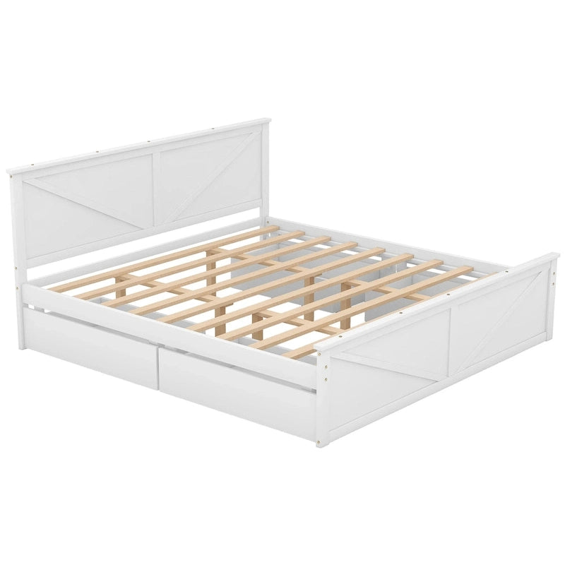 Lit plateforme en bois avec tête de lit et 4 tiroirs de rangement, blanc / gris, Queen / King
