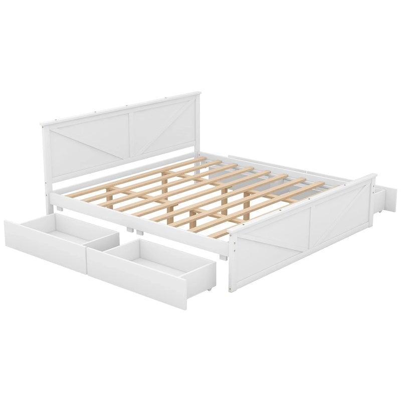 Lit plateforme en bois avec tête de lit et 4 tiroirs de rangement, blanc / gris, Queen / King