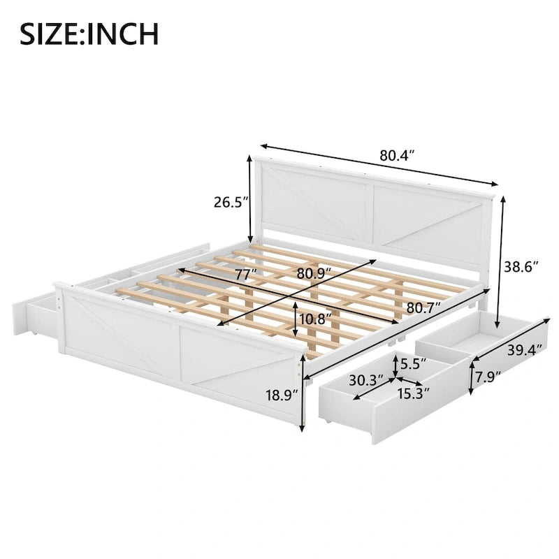 Lit plateforme en bois avec tête de lit et 4 tiroirs de rangement, blanc / gris, Queen / King