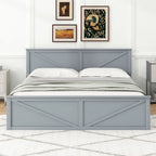 Lit plateforme en bois avec tête de lit et 4 tiroirs de rangement, blanc / gris, Queen / King