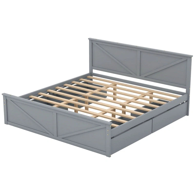 Lit plateforme en bois avec tête de lit et 4 tiroirs de rangement, blanc / gris, Queen / King