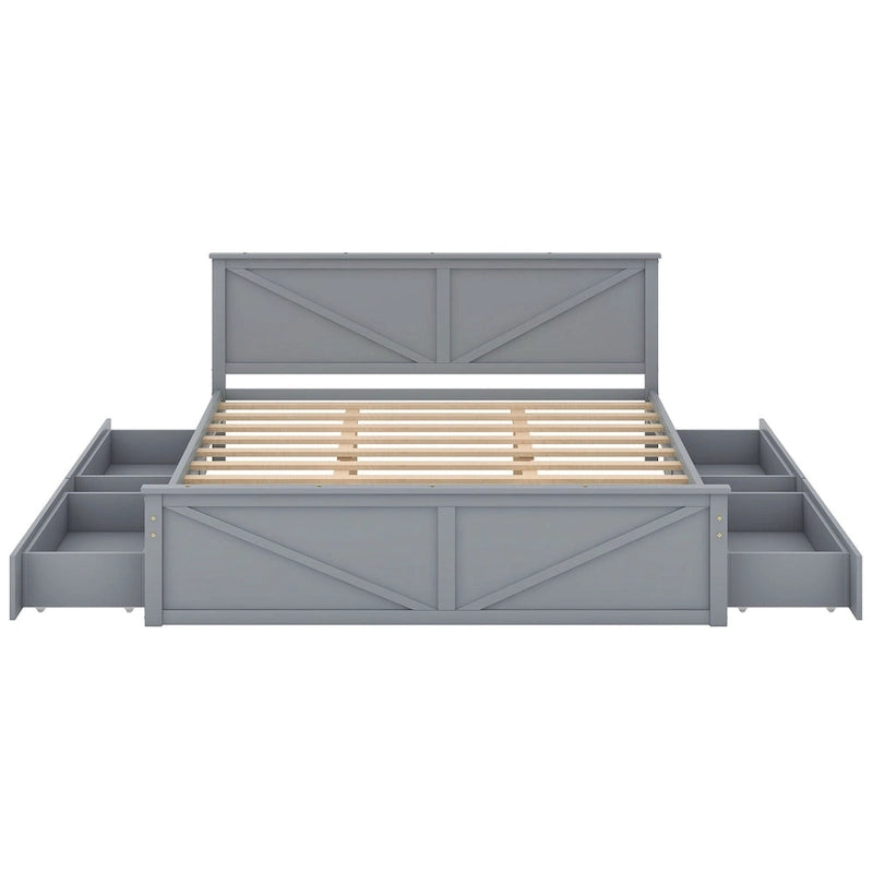 Lit plateforme en bois avec tête de lit et 4 tiroirs de rangement, blanc / gris, Queen / King
