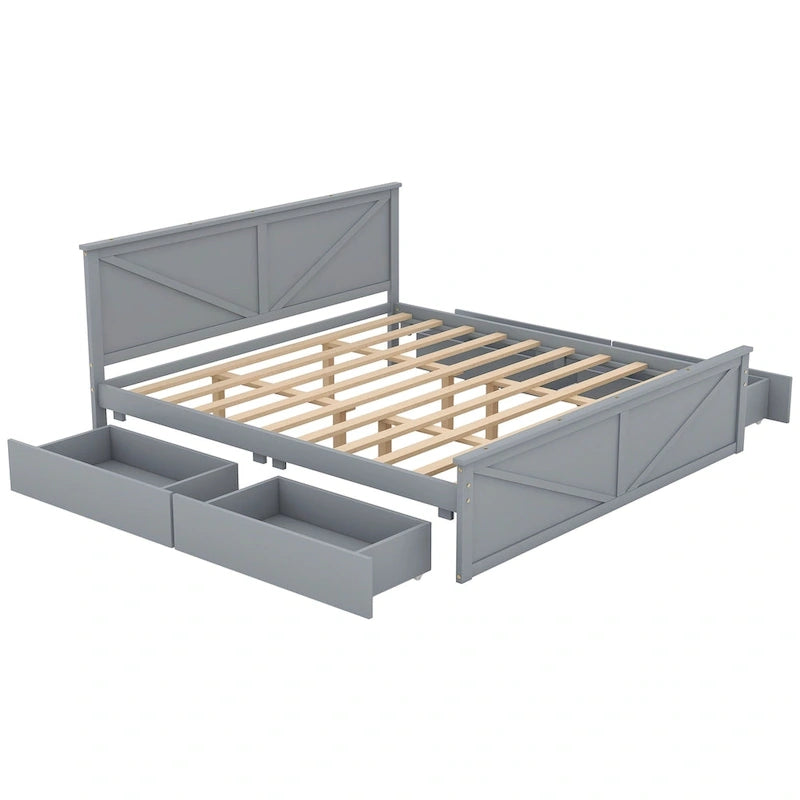 Lit plateforme en bois avec tête de lit et 4 tiroirs de rangement, blanc / gris, Queen / King