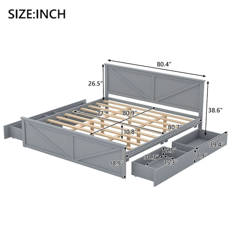 Lit plateforme en bois avec tête de lit et 4 tiroirs de rangement, blanc / gris, Queen / King