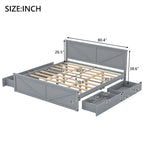Lit plateforme en bois avec tête de lit et 4 tiroirs de rangement, blanc / gris, Queen / King