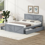 Lit plateforme en bois avec tête de lit et 4 tiroirs de rangement, blanc / gris, Queen / King