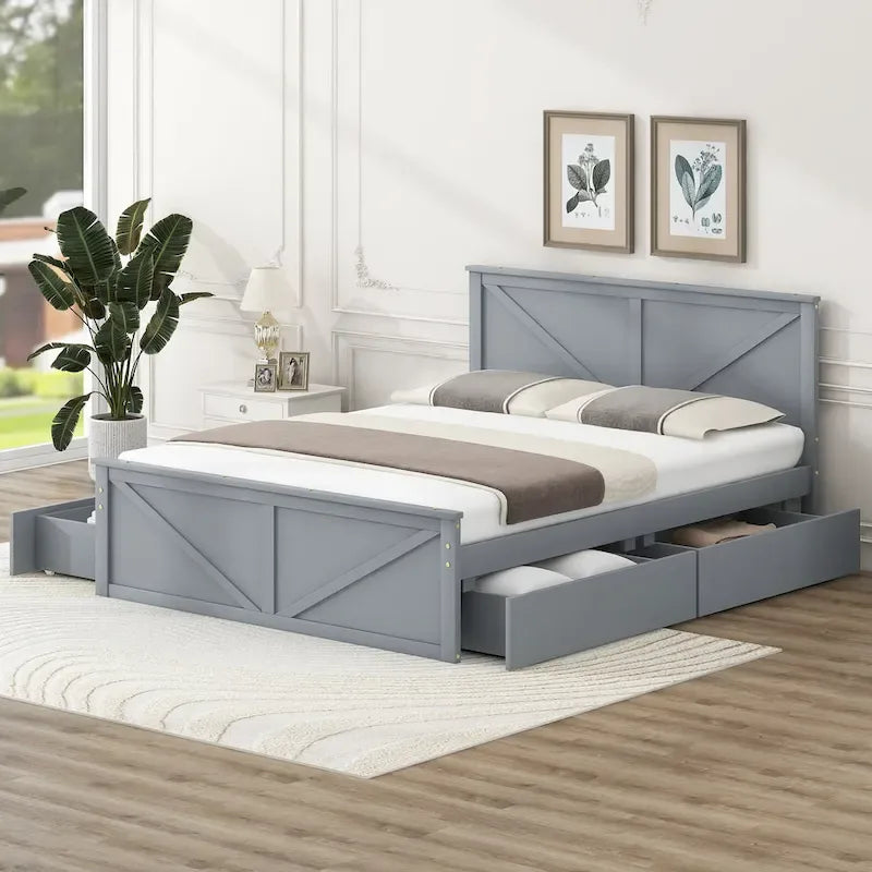 Lit plateforme en bois avec tête de lit et 4 tiroirs de rangement, blanc / gris, Queen / King