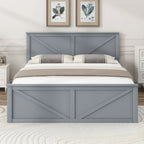 Lit plateforme en bois avec tête de lit et 4 tiroirs de rangement, blanc / gris, Queen / King