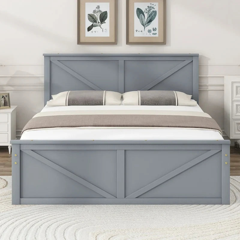 Lit plateforme en bois avec tête de lit et 4 tiroirs de rangement, blanc / gris, Queen / King