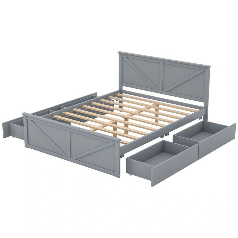 Lit plateforme en bois avec tête de lit et 4 tiroirs de rangement, blanc / gris, Queen / King