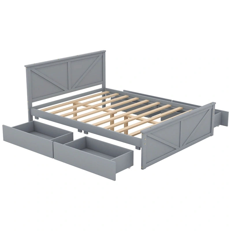 Lit plateforme en bois avec tête de lit et 4 tiroirs de rangement, blanc / gris, Queen / King