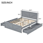 Lit plateforme en bois avec tête de lit et 4 tiroirs de rangement, blanc / gris, Queen / King