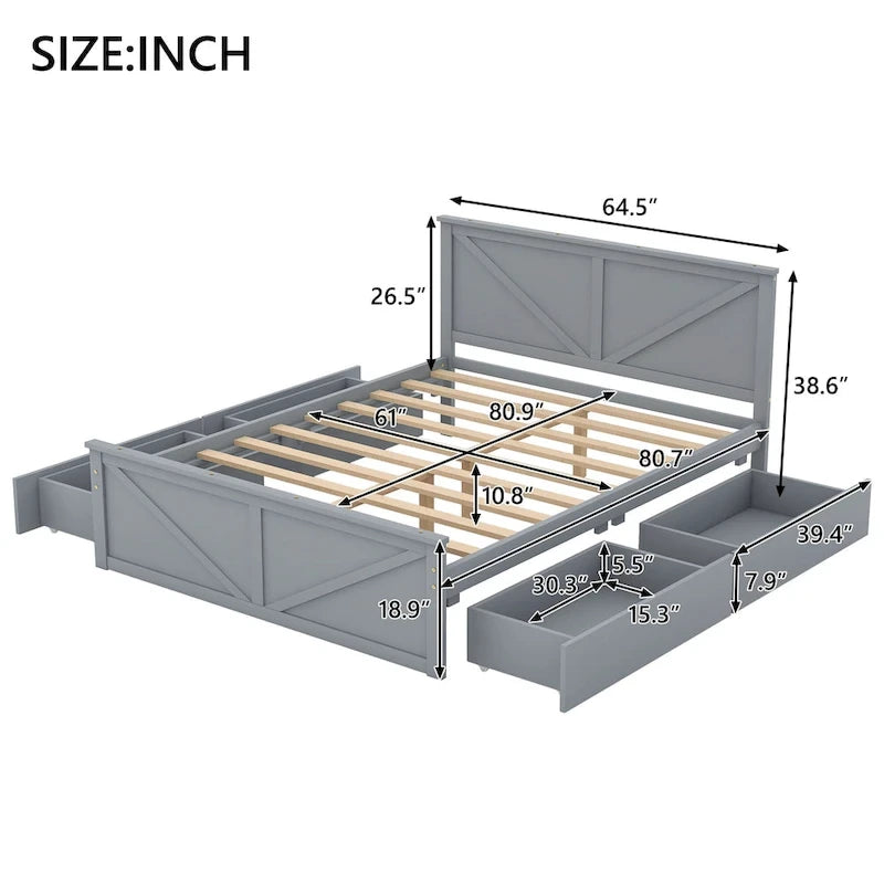 Lit plateforme en bois avec tête de lit et 4 tiroirs de rangement, blanc / gris, Queen / King