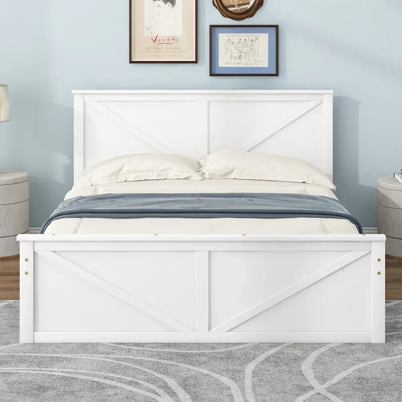 Lit plateforme en bois avec tête de lit et 4 tiroirs de rangement, blanc / gris, Queen / King