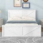 Lit plateforme en bois avec tête de lit et 4 tiroirs de rangement, blanc / gris, Queen / King