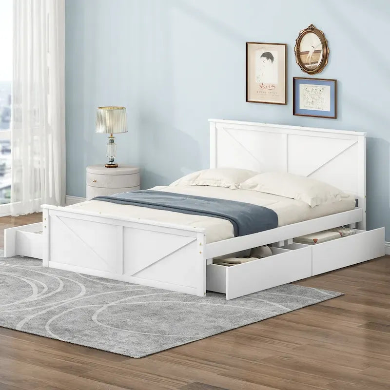 Lit plateforme en bois avec tête de lit et 4 tiroirs de rangement, blanc / gris, Queen / King