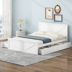 Lit plateforme en bois avec tête de lit et 4 tiroirs de rangement, blanc / gris, Queen / King