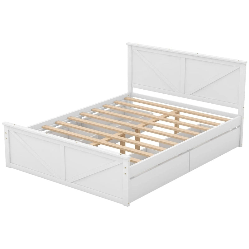 Lit plateforme en bois avec tête de lit et 4 tiroirs de rangement, blanc / gris, Queen / King
