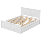 Lit plateforme en bois avec tête de lit et 4 tiroirs de rangement, blanc / gris, Queen / King