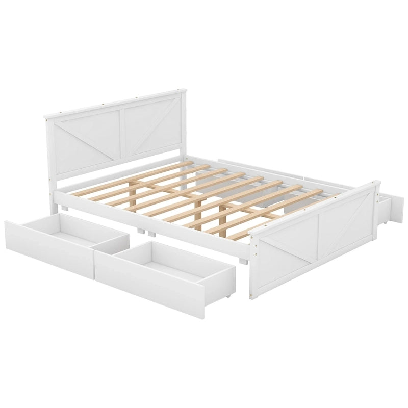 Lit plateforme en bois avec tête de lit et 4 tiroirs de rangement, blanc / gris, Queen / King