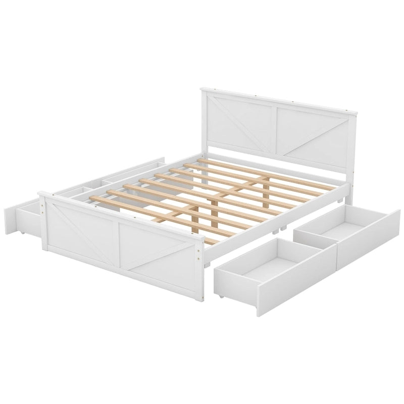 Lit plateforme en bois avec tête de lit et 4 tiroirs de rangement, blanc / gris, Queen / King