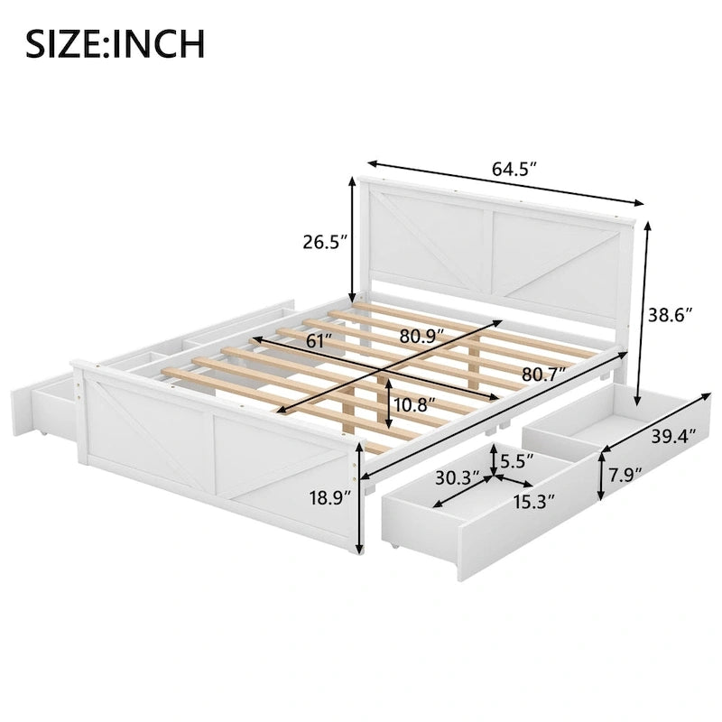 Lit plateforme en bois avec tête de lit et 4 tiroirs de rangement, blanc / gris, Queen / King