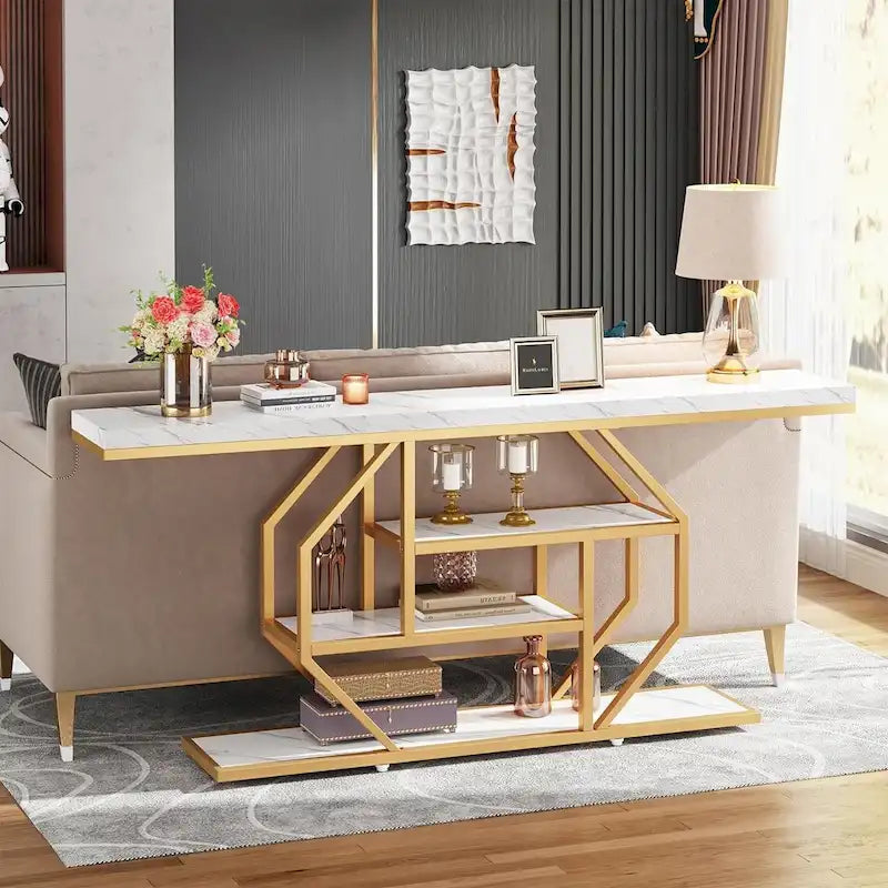 Console 70,9" en similicuir marbre avec cadre en métal et 3 étagères, or / noyer / marron