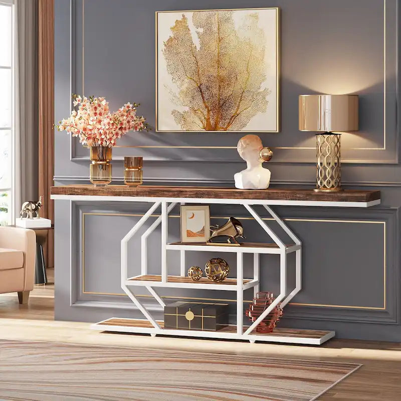 Console 70,9" en similicuir marbre avec cadre en métal et 3 étagères, or / noyer / marron