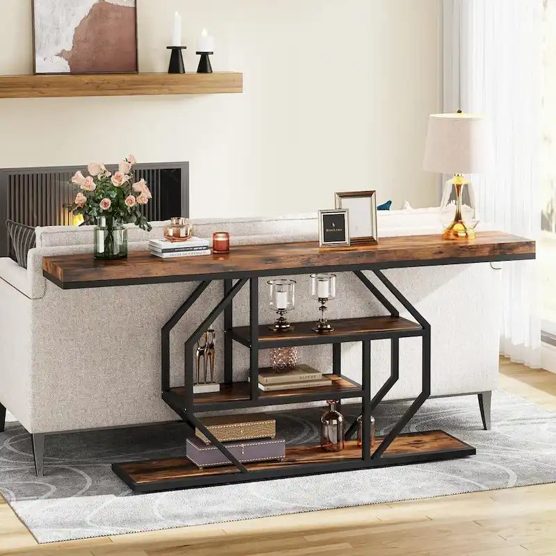 Console 70,9" en similicuir marbre avec cadre en métal et 3 étagères, or / noyer / marron