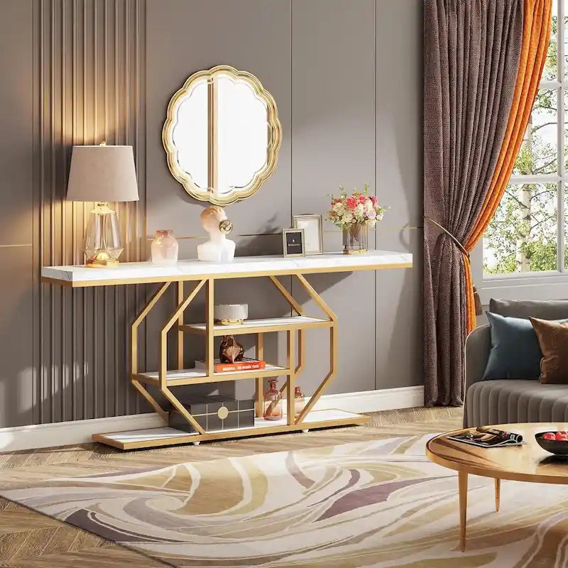Console 70,9" en similicuir marbre avec cadre en métal et 3 étagères, or / noyer / marron