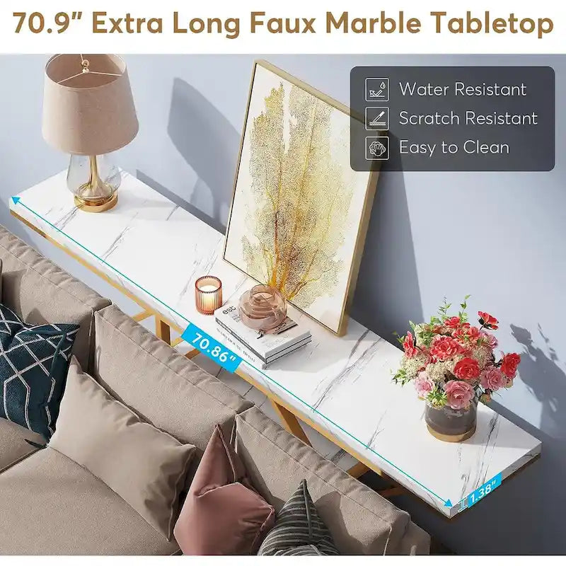 Console 70,9" en similicuir marbre avec cadre en métal et 3 étagères, or / noyer / marron
