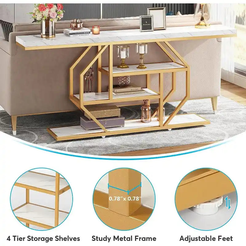 Console 70,9" en similicuir marbre avec cadre en métal et 3 étagères, or / noyer / marron