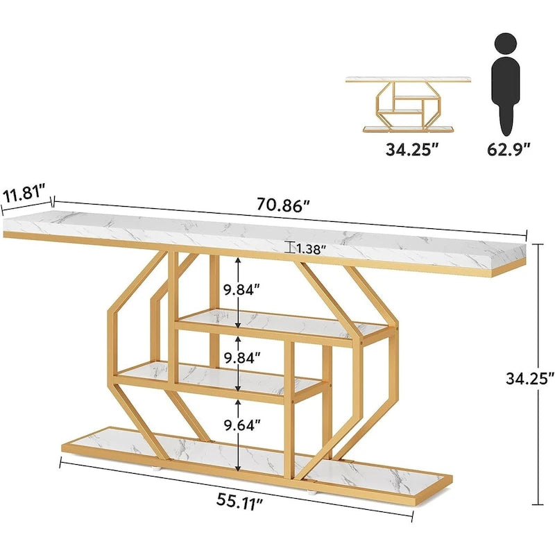 Console 70,9" en similicuir marbre avec cadre en métal et 3 étagères, or / noyer / marron